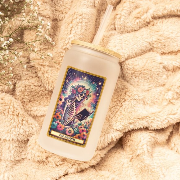 The Reader Tarot Card Tumbler, Gothic Floral Skeleton Cup, Cute Bookish Gift - Picture 5 of 6